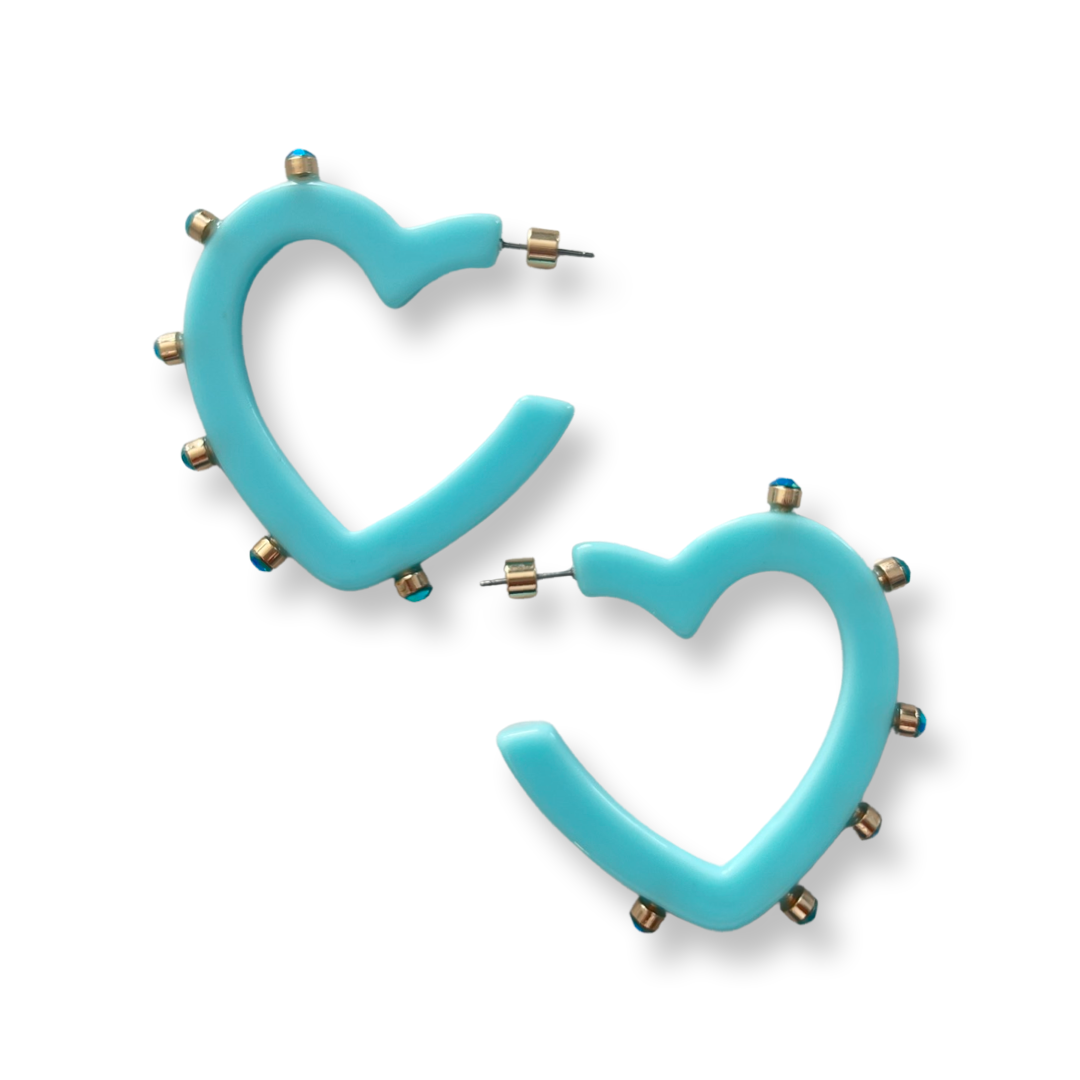 Light blue heart shaped hoop earring with crystal stones.
