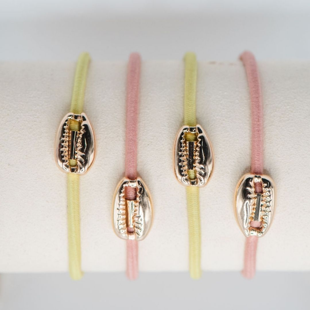 Cowrie Shell Hair Tie Set - Light Pink / Yellow