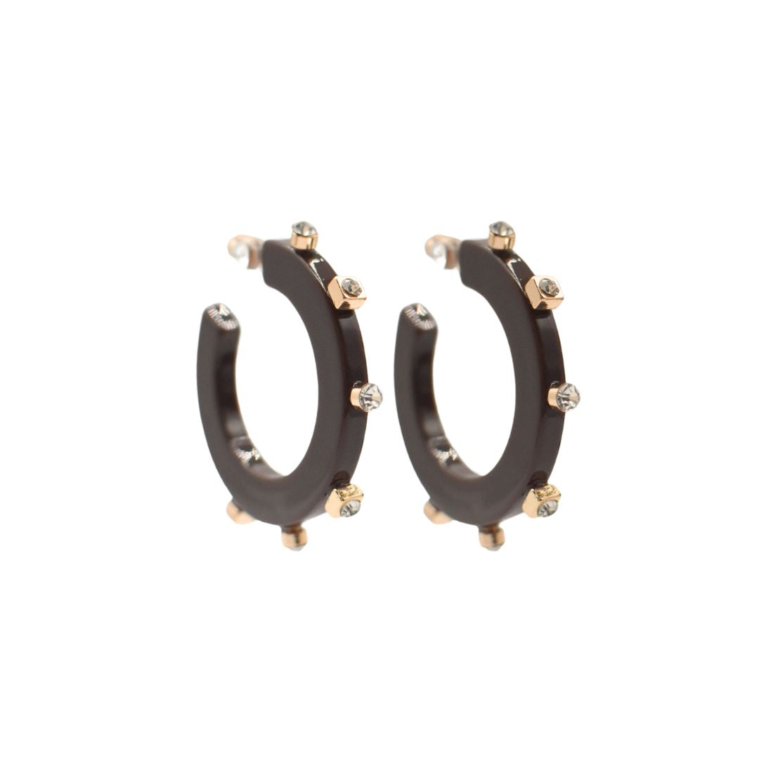 Small matte mocha brown open hoop earrings featuring gold accents and rhinestone studs along the edge, with a lightweight design and clear post backings.