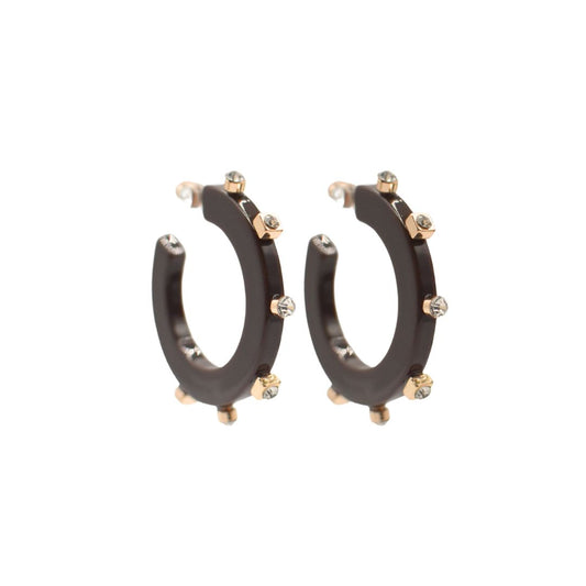 Small matte mocha brown open hoop earrings featuring gold accents and rhinestone studs along the edge, with a lightweight design and clear post backings.