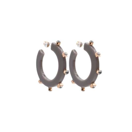 Small matte slate grey open hoop earrings adorned with gold-tone accents and crystal studs, featuring a lightweight, modern design and clear post backings.