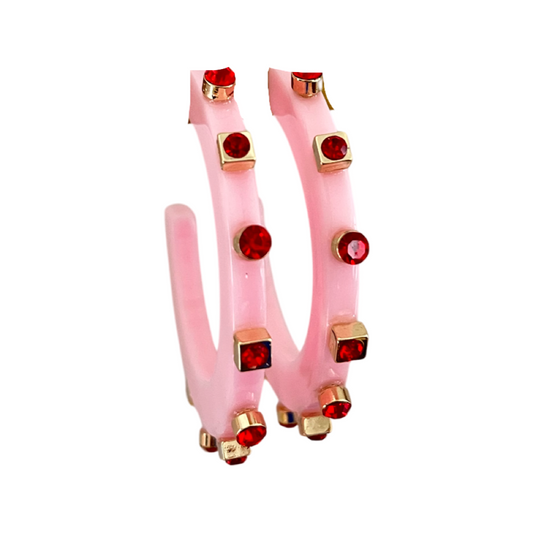 Acrylic Pink hoop with red stones , perfect for valentine's day
