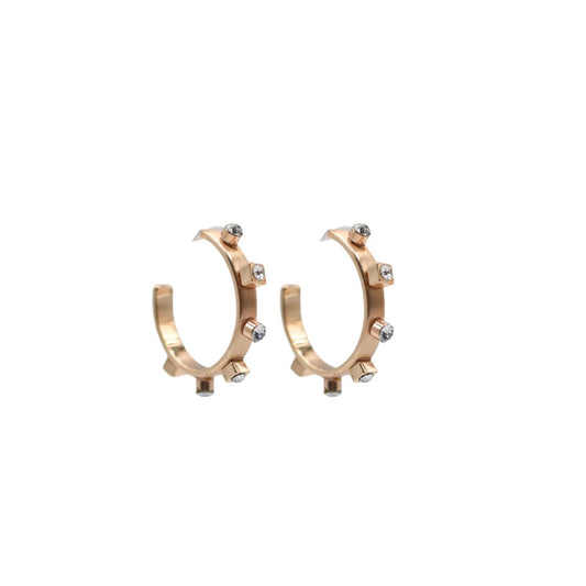 A pair of 14k brushed gold metal hoop earrings with six gold studs and crystal jewel accents, set against a white background.