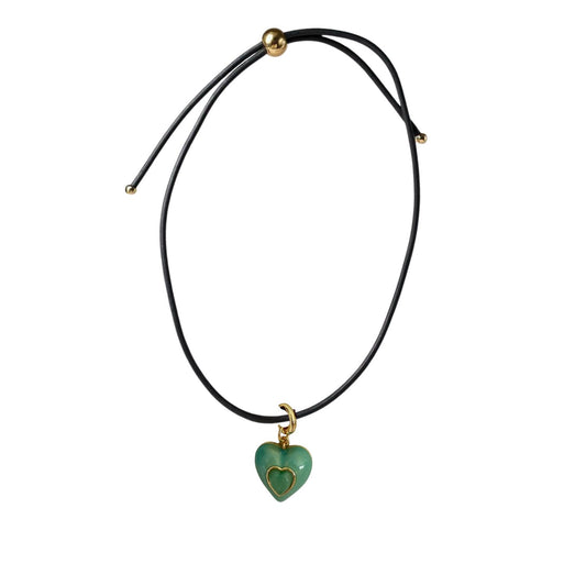 Heart Leather Cord Necklace - Black