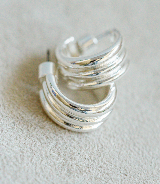 1/2" silver mini hoop with three wide hoop detail for classic and timeless look.