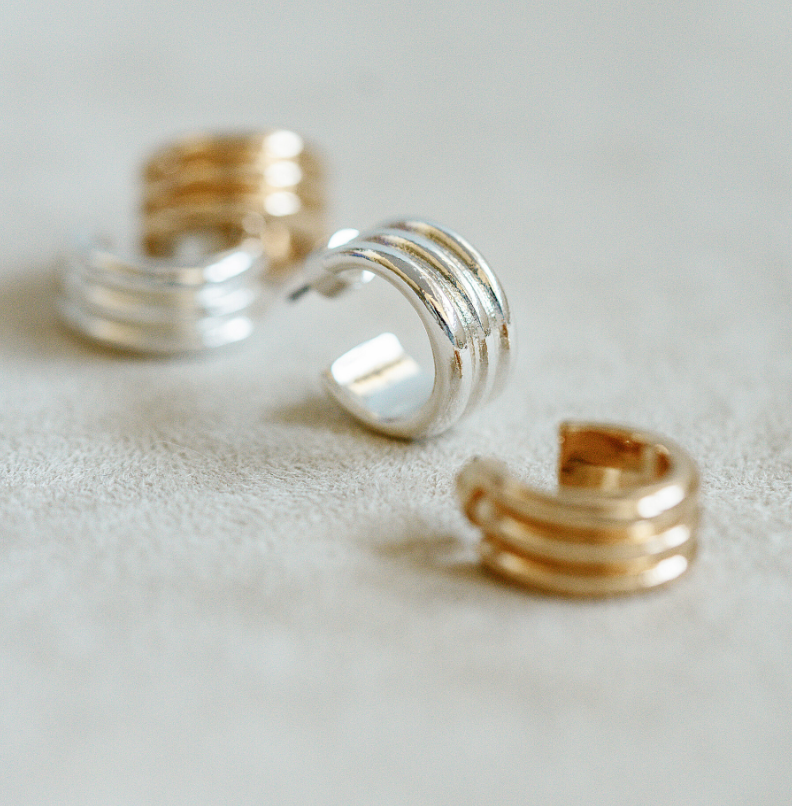 Silver and Gold Triple Hoop Mini Earring. Huggie style.