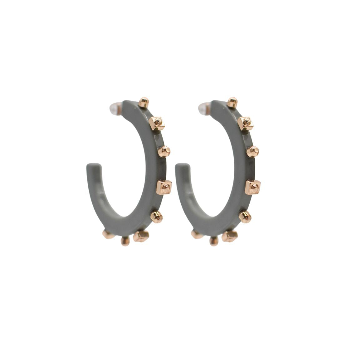 Large matte Espresso Grey open hoop earrings featuring gold-tone studs along the edge, with a lightweight design and clear post backings for easy wear.