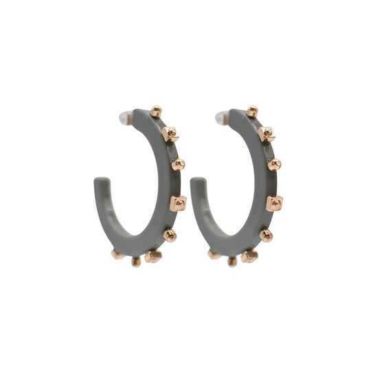 Large matte Espresso Grey open hoop earrings featuring gold-tone studs along the edge, with a lightweight design and clear post backings for easy wear.