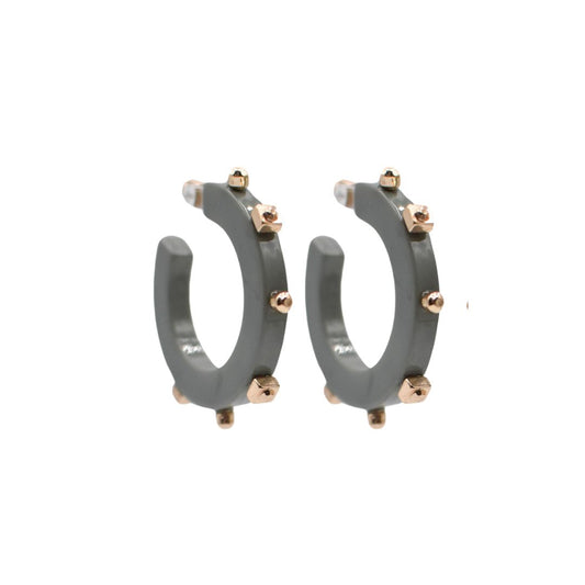 Small matte Espresso Grey open hoop earrings featuring gold-tone studs along the edge, with a lightweight design and clear post backings for easy wear.