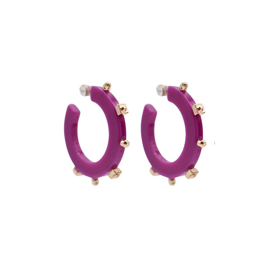 Small vibrant purple open hoop earrings featuring gold-tone studs along the outer edge, with a sleek design and clear post backings for comfortable wear.