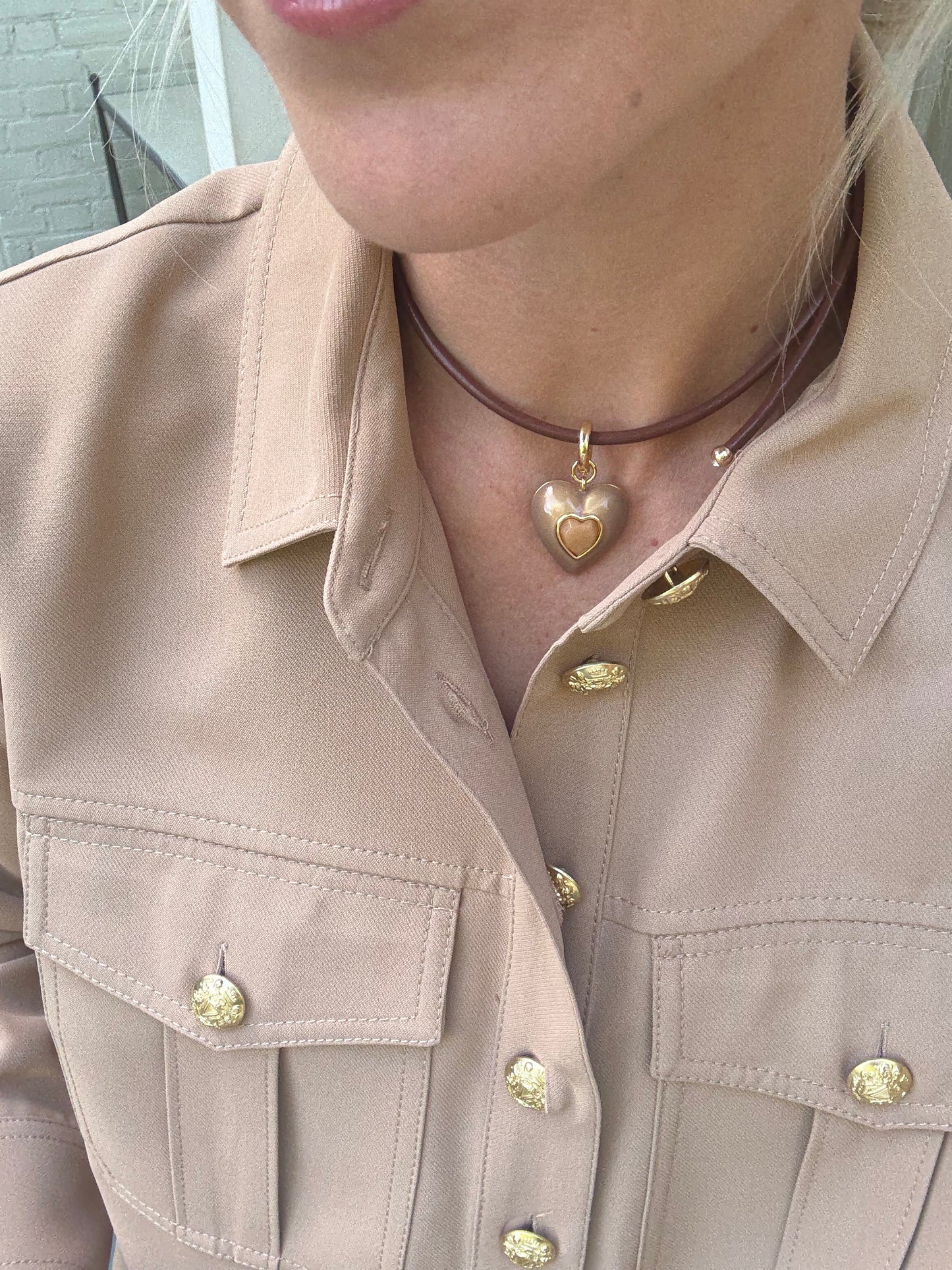 Heart Leather Cord Necklace - Tan