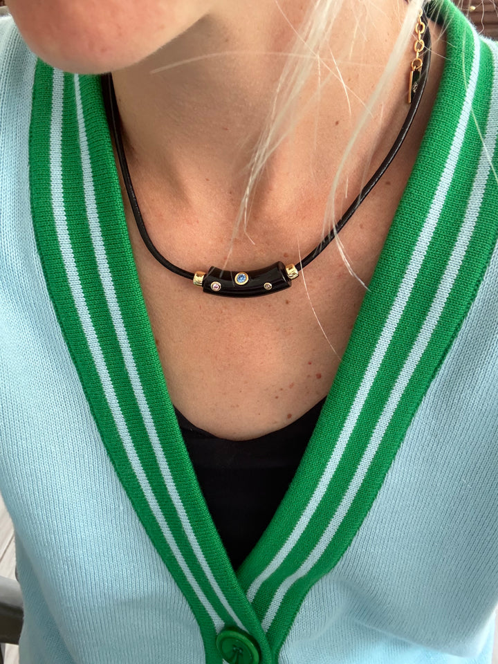 Leather Cord Bar Necklace - Black