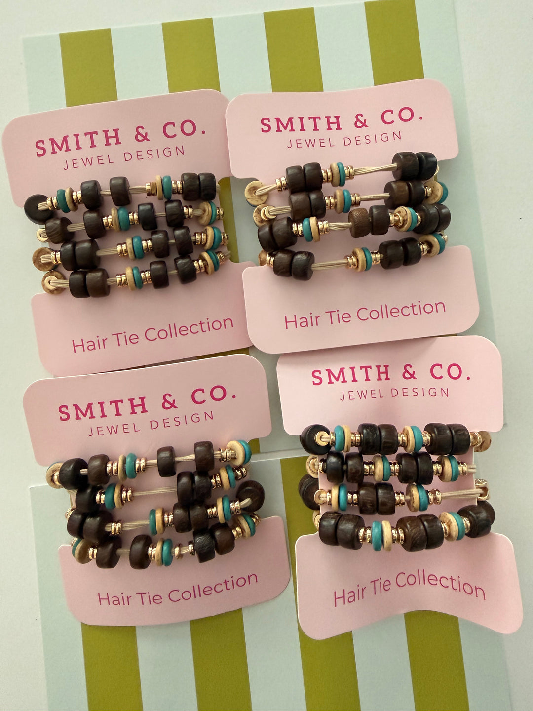 Wooden Hair Tie Bracelet Set of 4 - Cream + Blue
