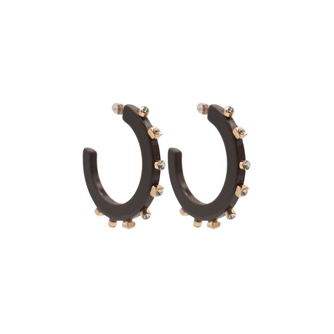 Large matte mocha brown open hoop earrings featuring gold accents and rhinestone studs along the edge, with a lightweight design and clear post backings.