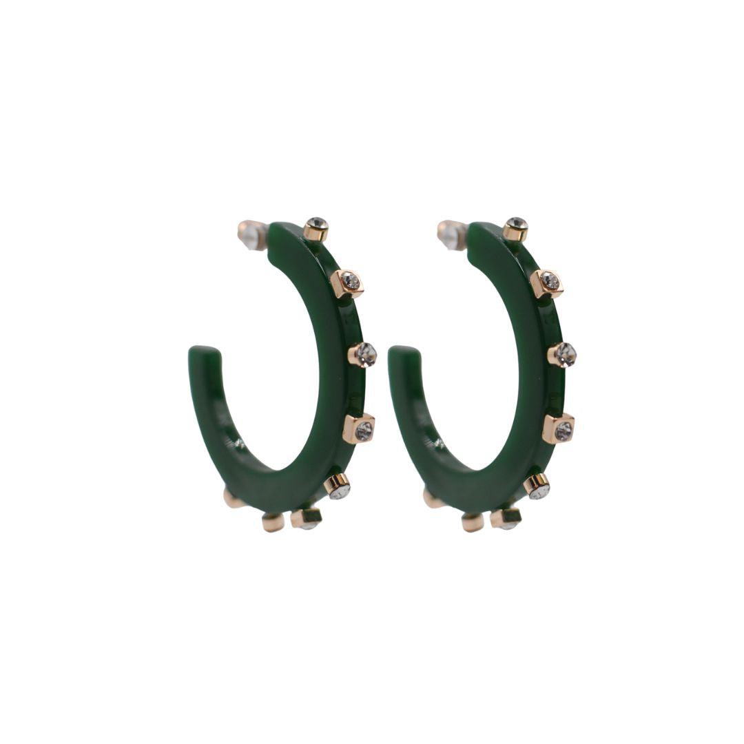 Large deep green open hoop earrings with gold-tone square accents and crystal studs along the edge, finished with clear post backings for a polished look.