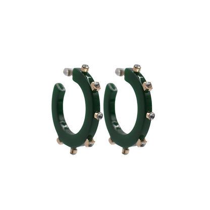 Small deep green open hoop earrings with gold-tone square accents and crystal studs along the edge, finished with clear post backings for a polished look.