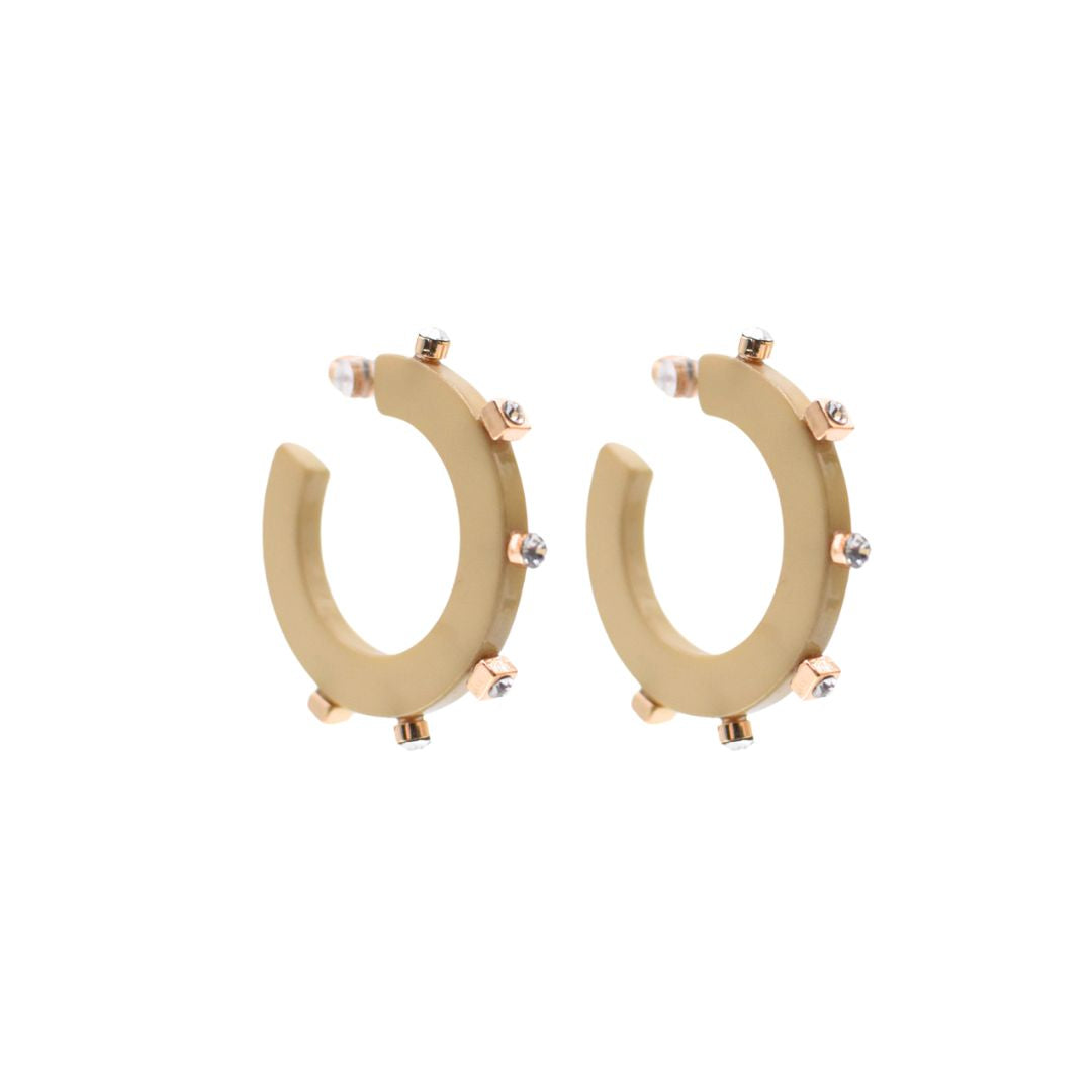 Small matte cream open hoop earrings adorned with gold-tone and crystal rhinestone accents, featuring a lightweight design and clear post backings.