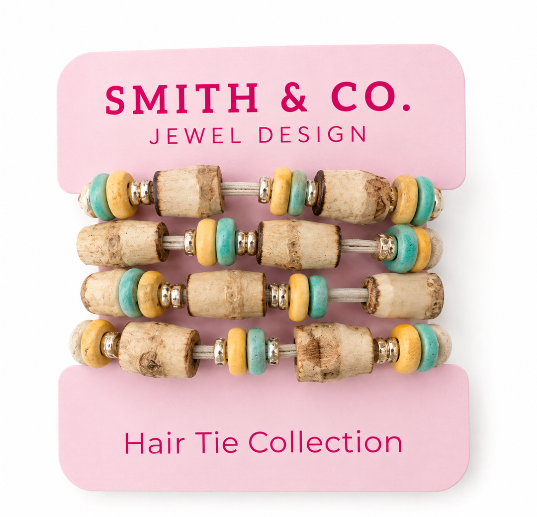Coastal Bamboo Hair Tie Bracelet Set of 4 - Turquoise and Yellow