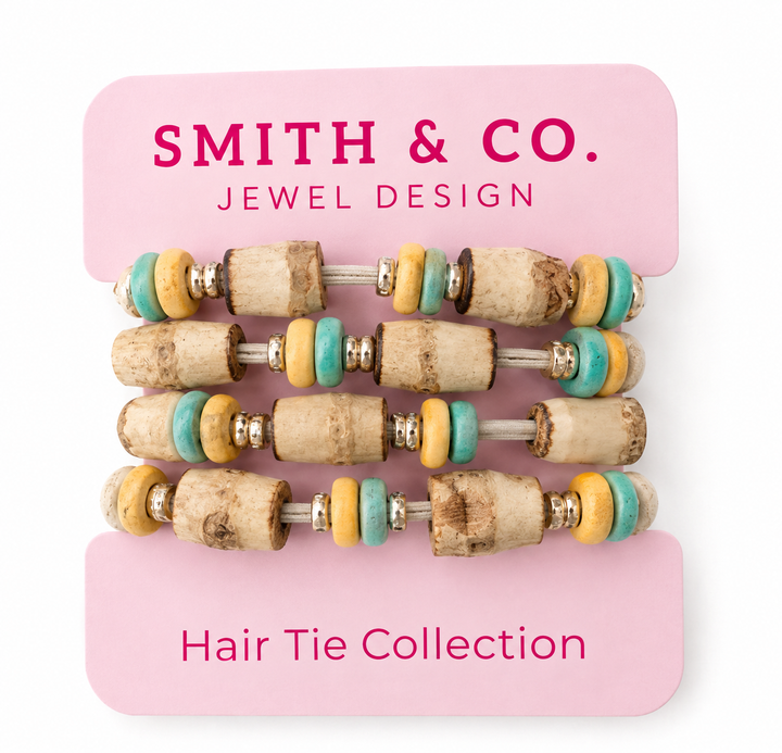Coastal Bamboo Hair Tie Bracelet Set of 4 - Turquoise and Yellow