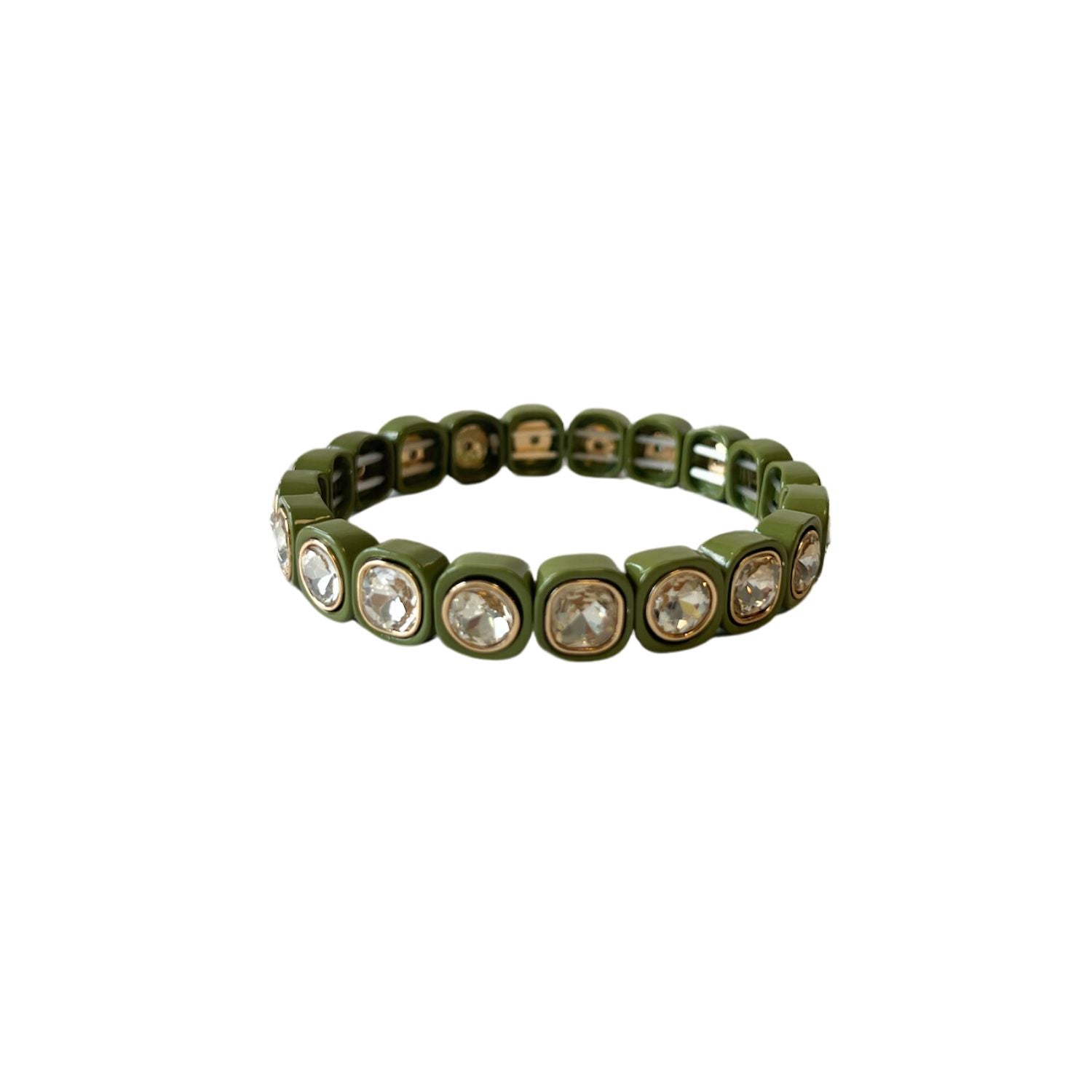 A minimalist bracelet featuring square olive-green acrylic beads, each set with sparkling crystal stones, arranged in a stretchy band design for easy wear.