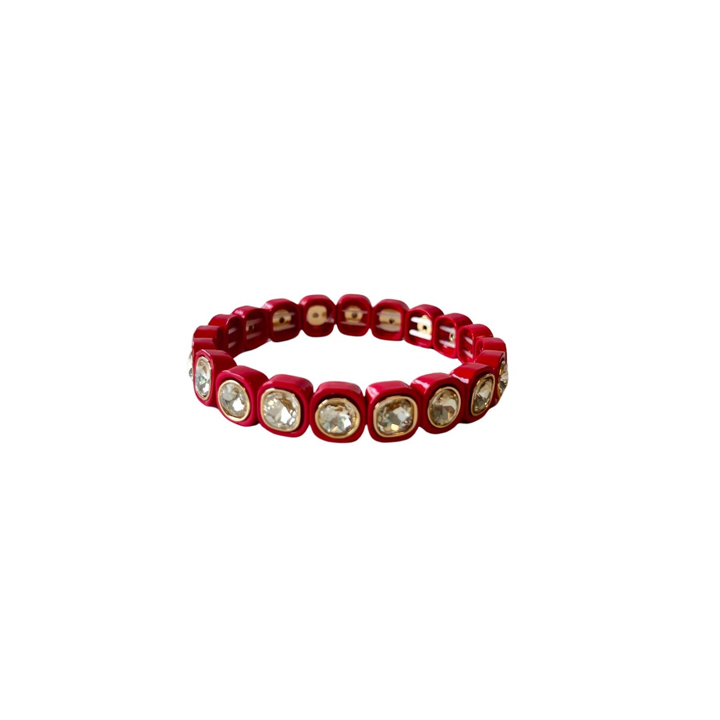 A scarlet red bracelet with square-cut crystals set in glossy, golf rounded frames, arranged in a stretchable band on a white background.