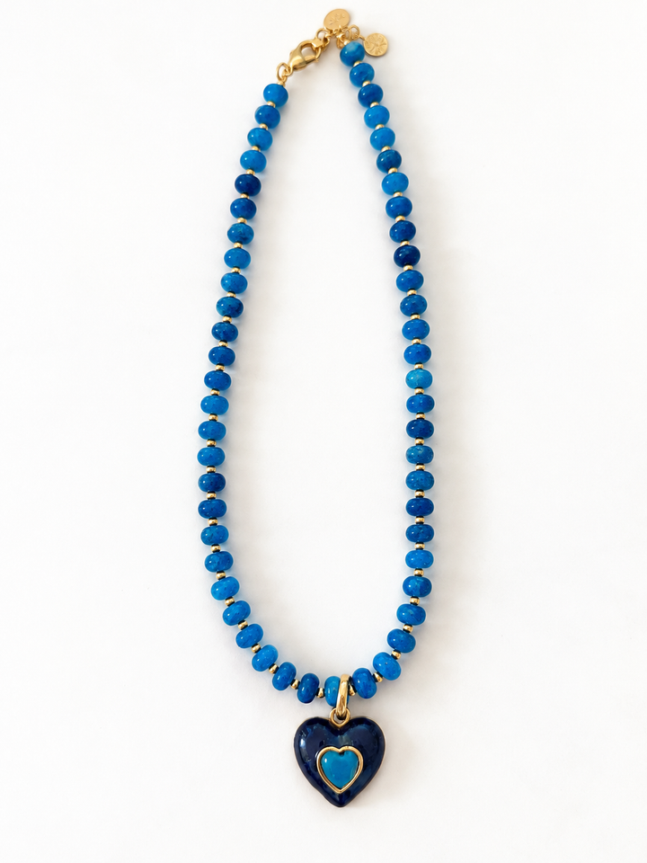 Heart Beaded Necklace - Cobalt Blue