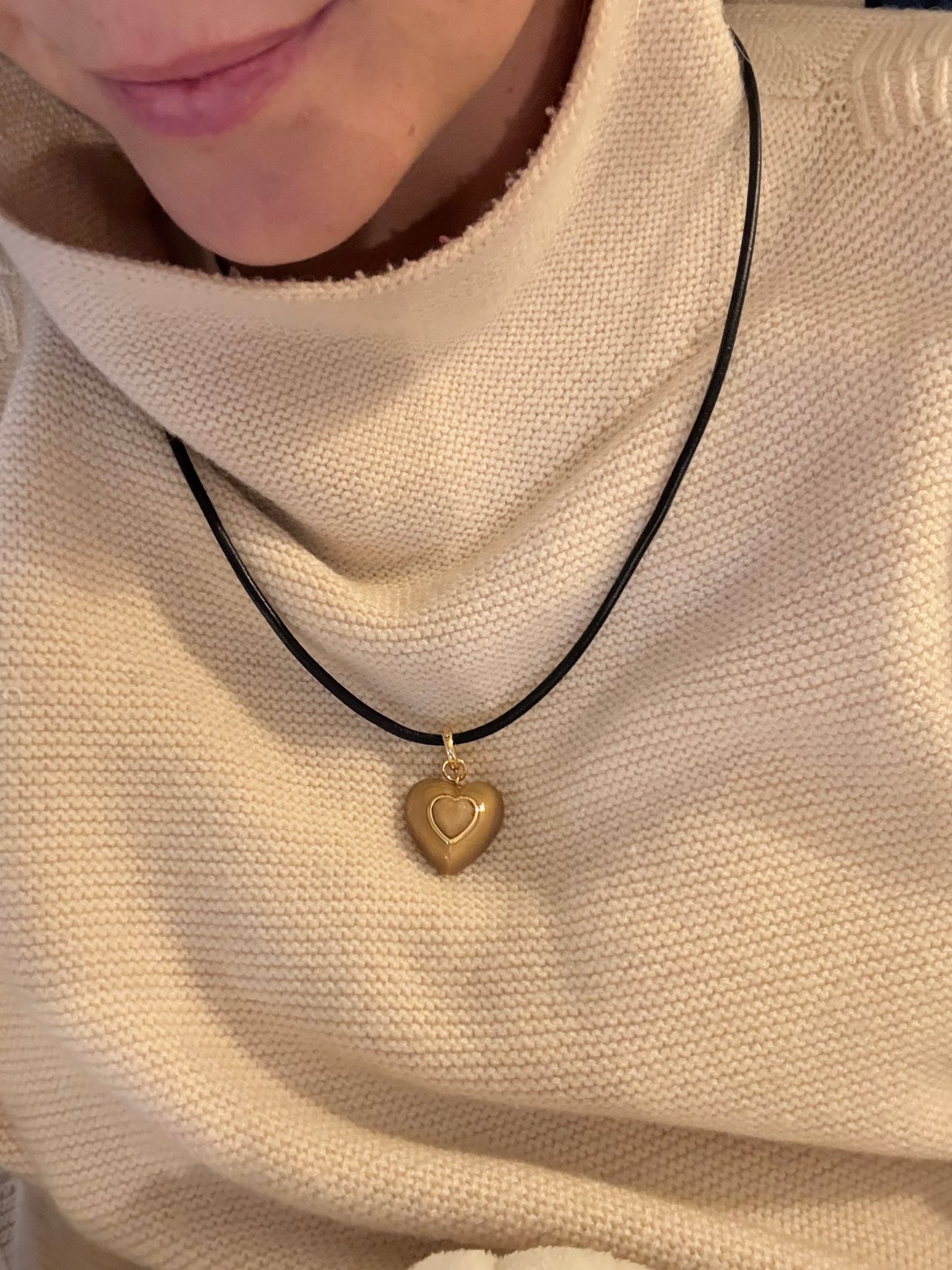 Heart Leather Cord Necklace - Black