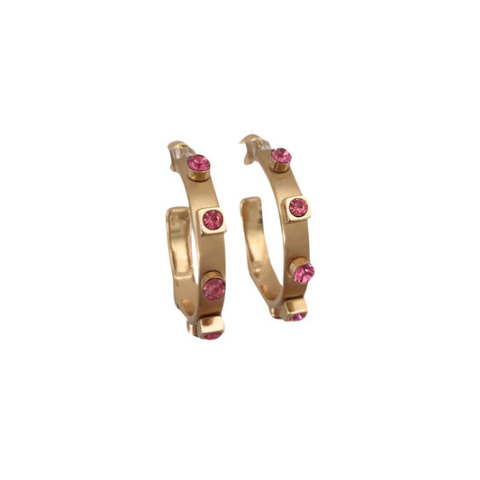 A pair of  brushed gold metal hoop earrings with six gold studs and hot pink crystal jewel accents, set against a white background.