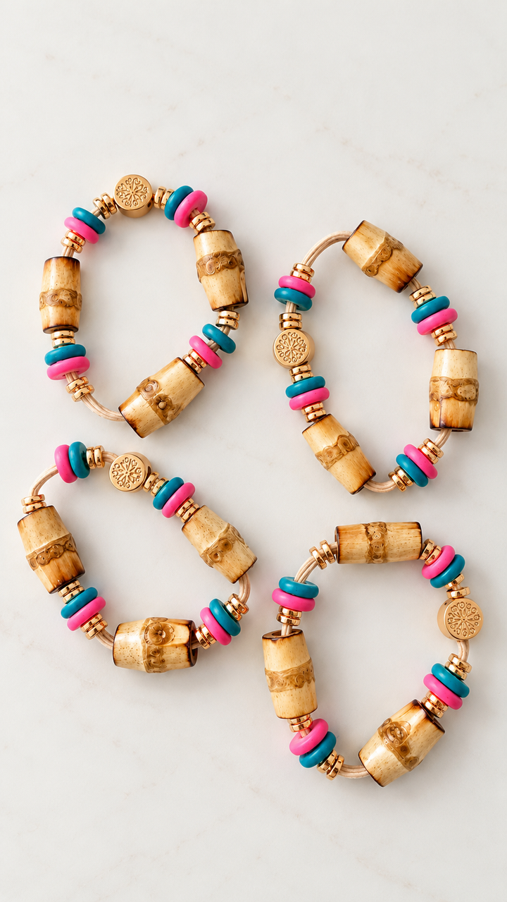 Coastal Bamboo Hair Tie Bracelet Set of 4 - Light Blue and Pink