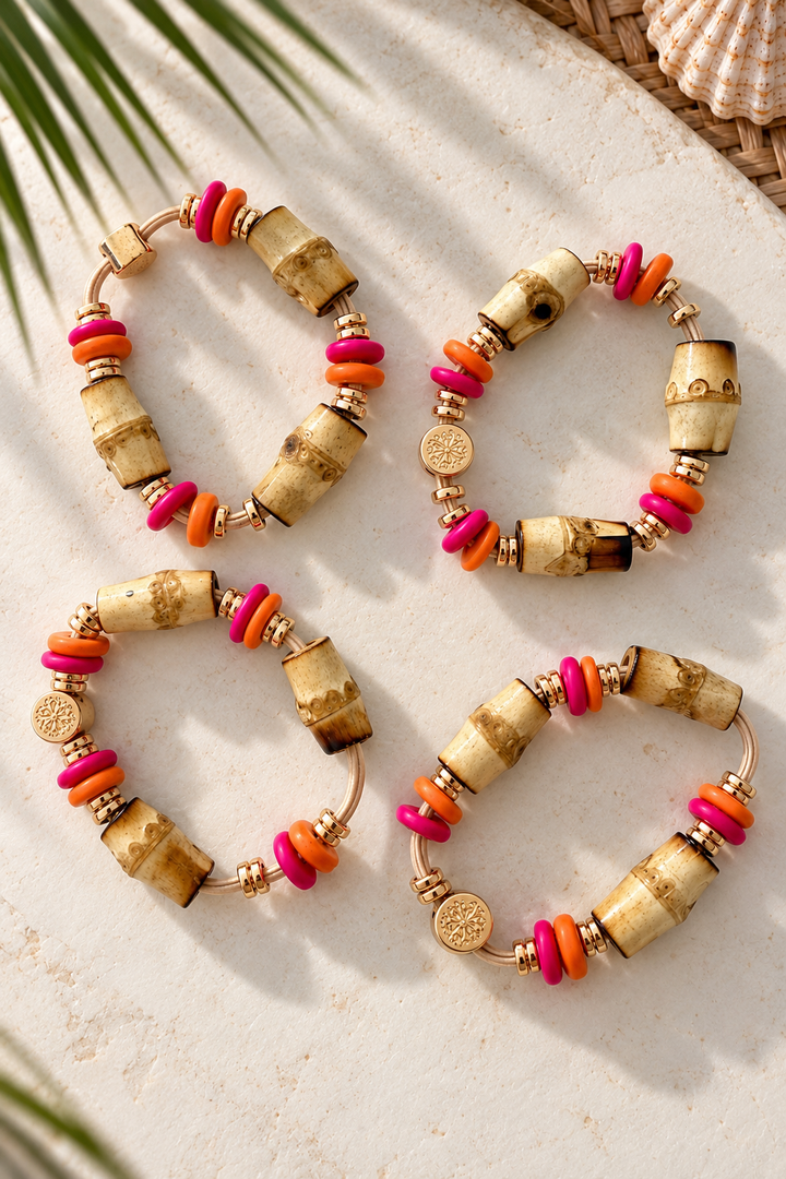 Coastal Bamboo Hair Tie Bracelet Set of 4 - Pink and Orange