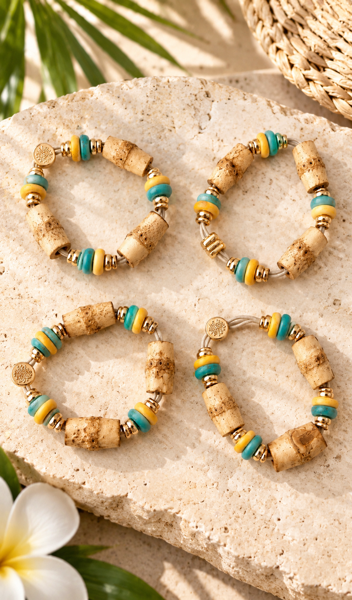 Coastal Bamboo Hair Tie Bracelet Set of 4 - Turquoise and Yellow