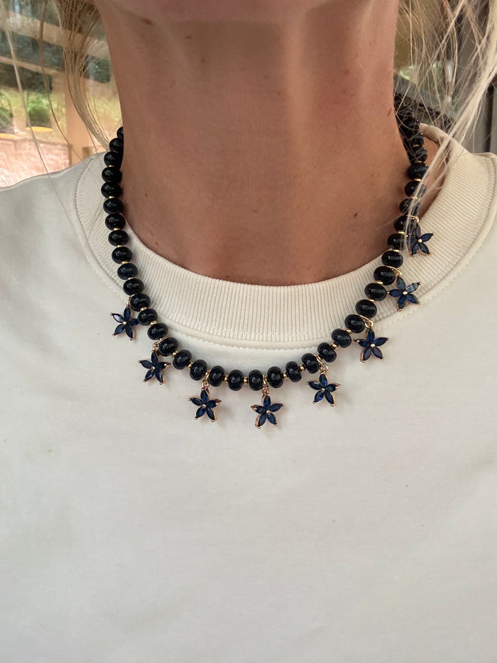 Beaded Bloom Necklace - Navy
