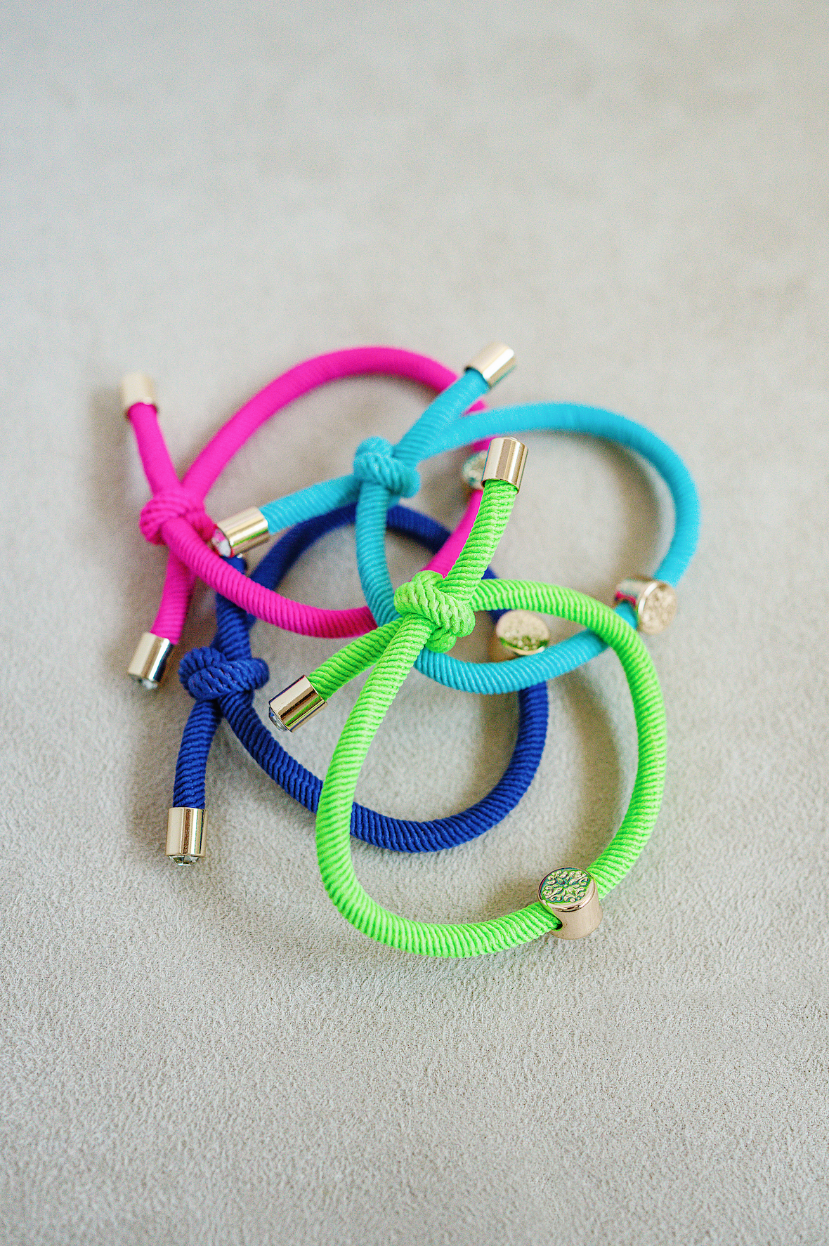 Knotted Hair Tie Set of 4. Lime Green , Bright Blue , Indigo Blue and Pink.