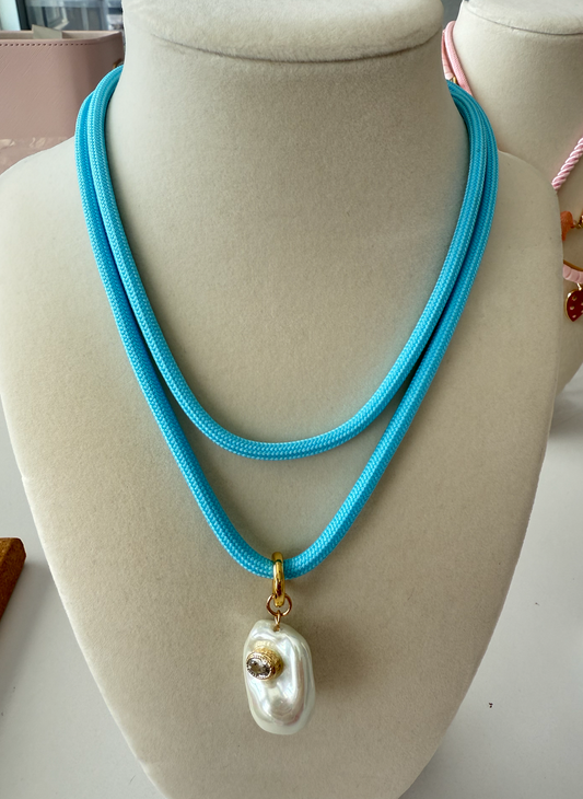 Blue Rope Cord Pearl Necklace