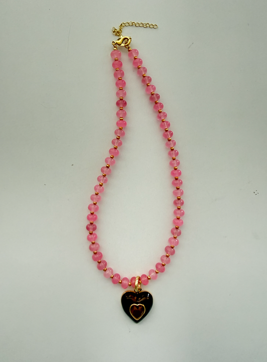 Sea Glass Heart Necklace - Pink/Brown