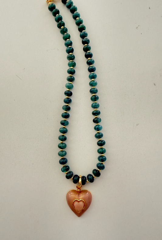 Sea Glass Heart Necklace - Blue/Rose