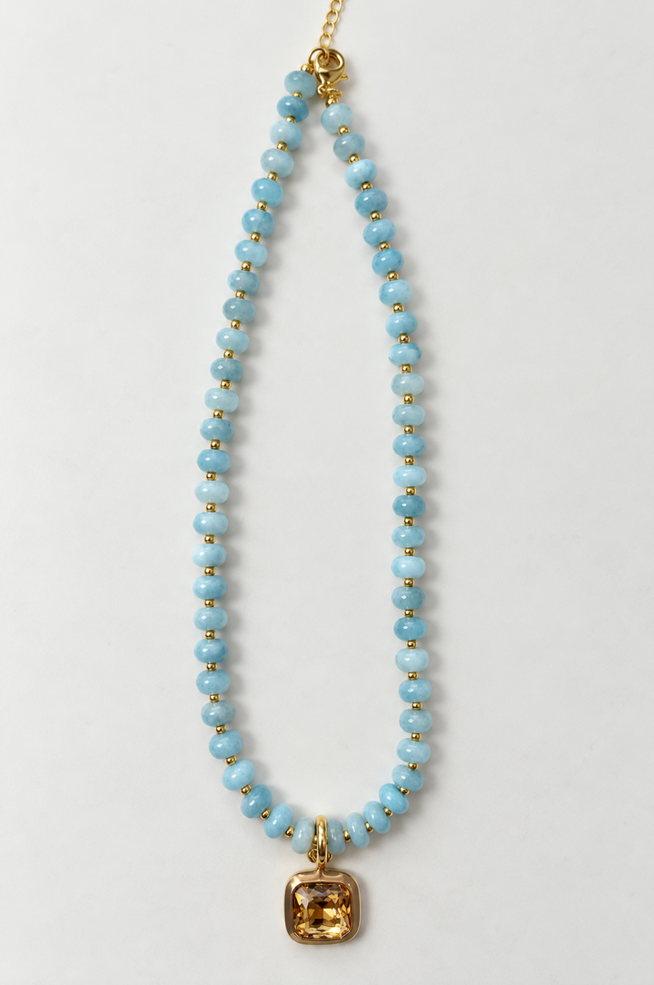 Harvest Pendant Beaded Necklace - Dusty Blue / Tan