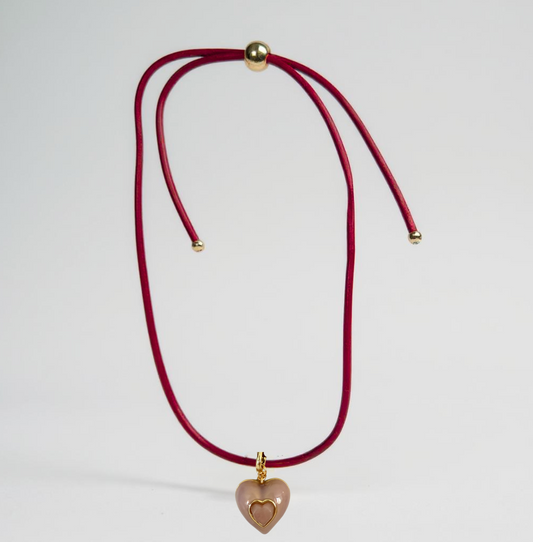 Heart Leather Cord Necklace - Red