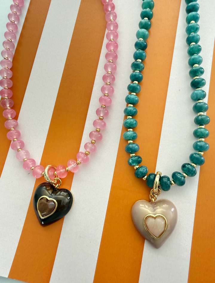 Sea Glass Heart Necklace - Blue/Rose