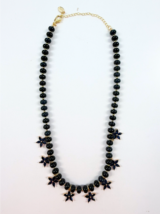 Beaded Bloom Necklace - Navy