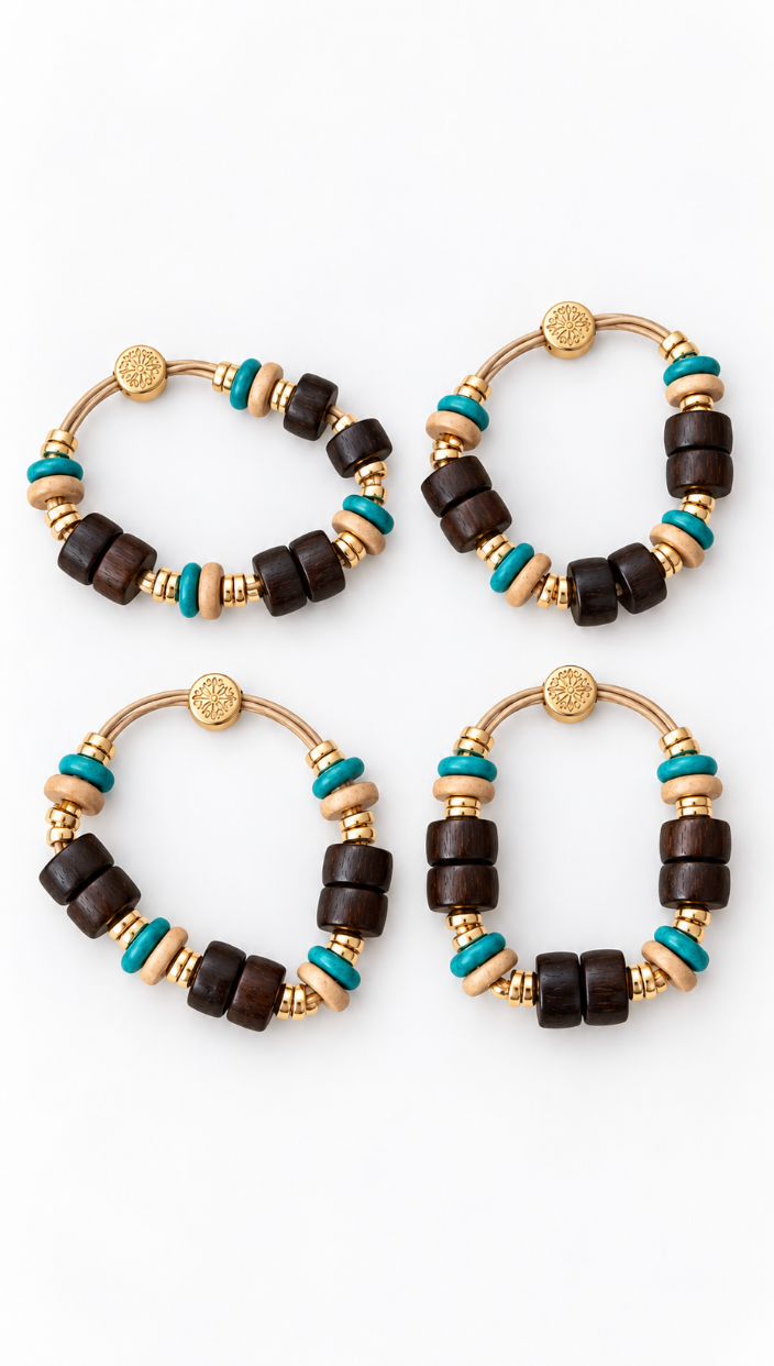 Wooden Hair Tie Bracelet Set of 4 - Cream + Blue