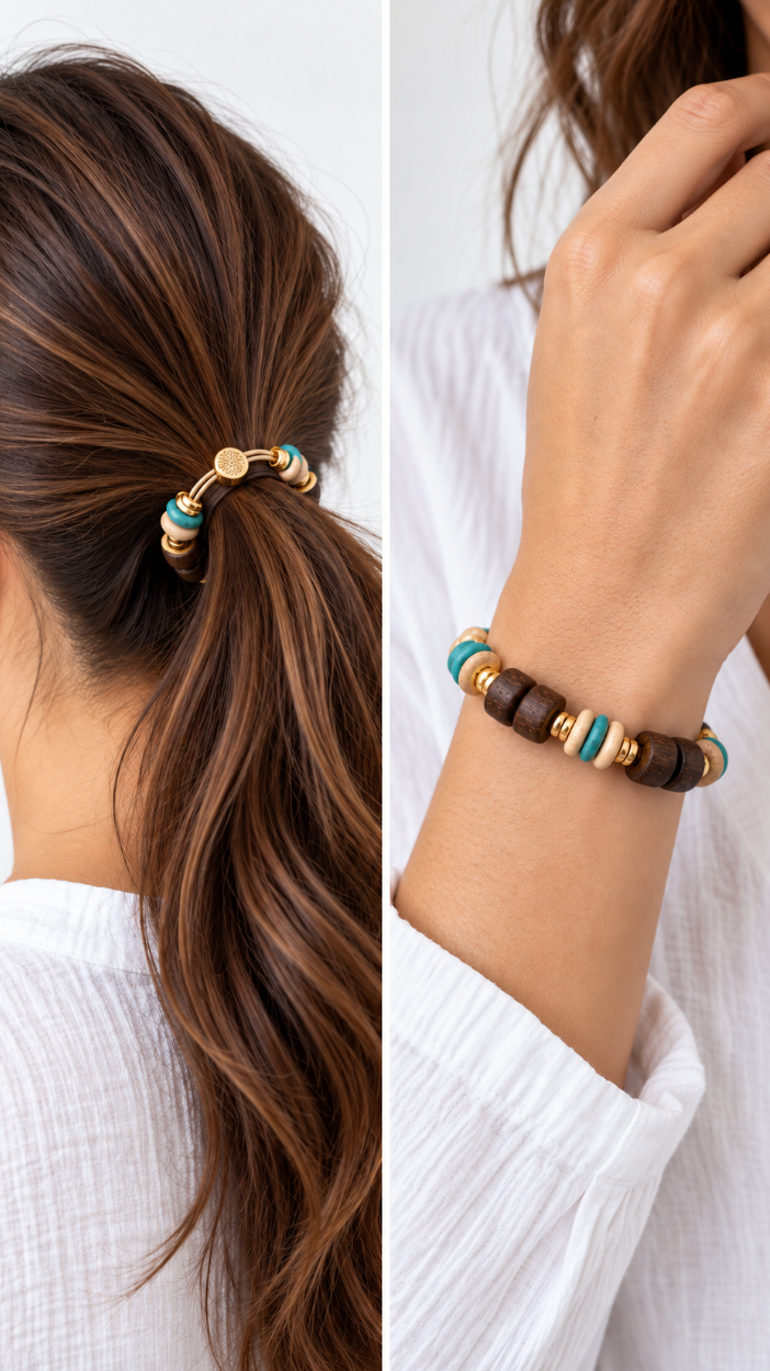 Wooden Hair Tie Bracelet Set of 4 - Cream + Blue