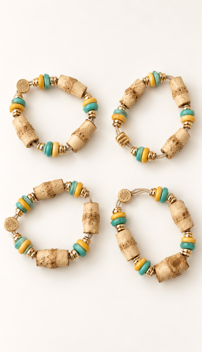 Coastal Bamboo Hair Tie Bracelet Set of 4 - Turquoise and Yellow